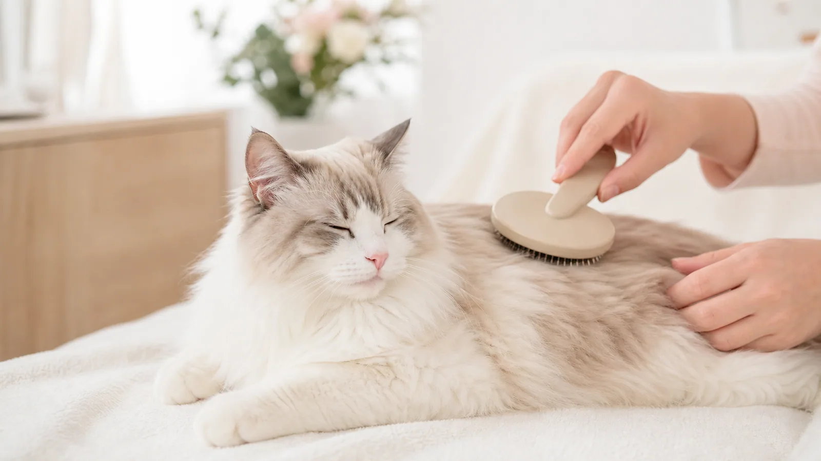 飼主用柔軟梳子為長毛貓做短時間日常梳理