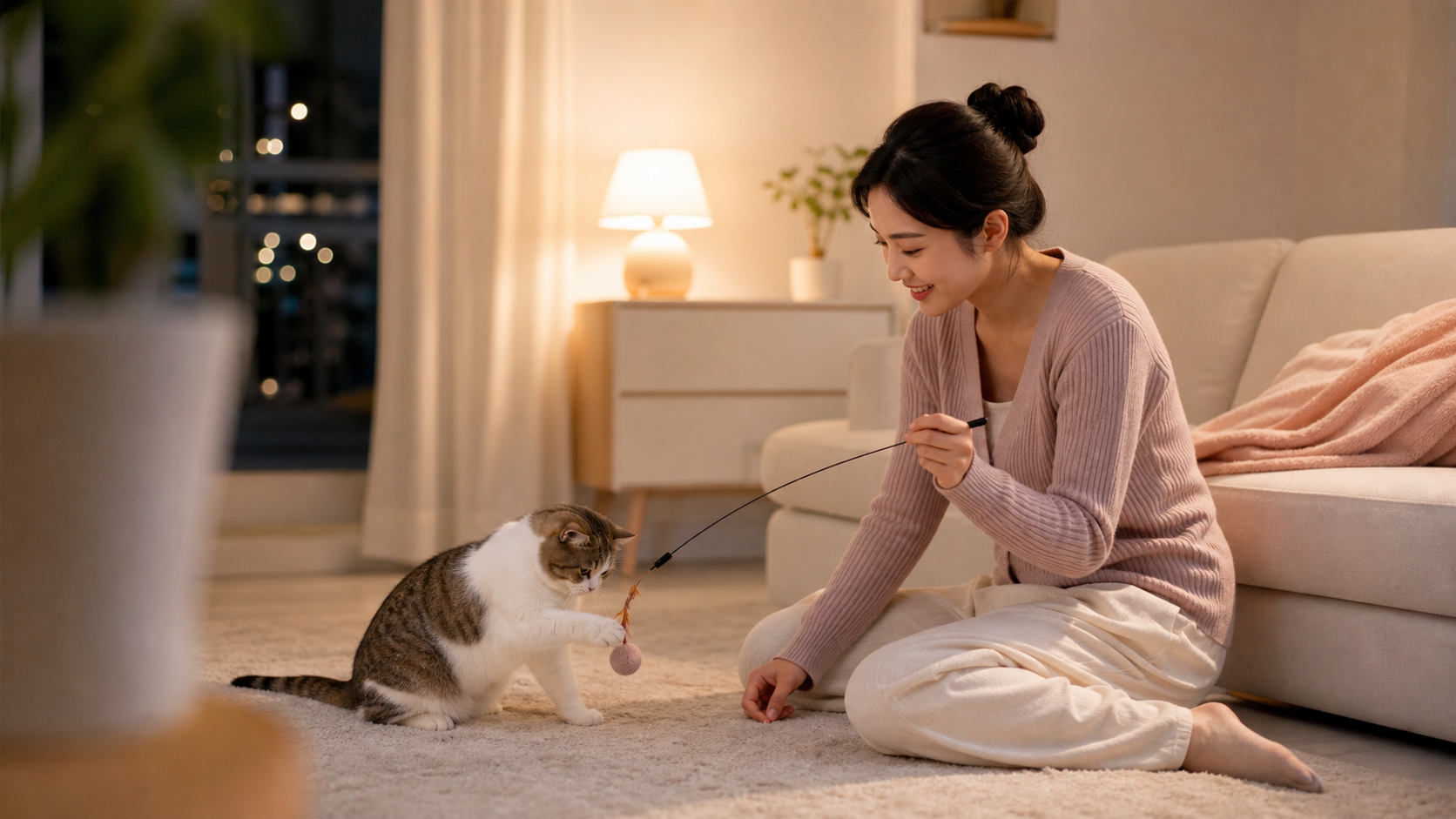 飼主在睡前以逗貓棒陪伴貓咪進行互動遊戲