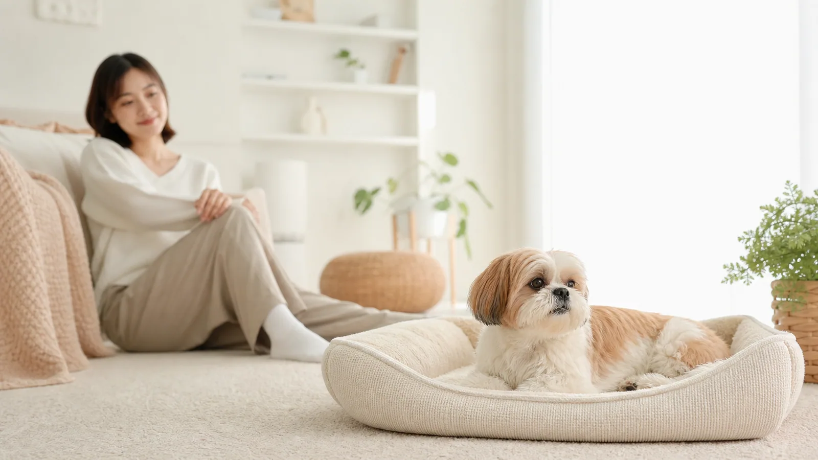 一隻小型犬在明亮家中安靜休息