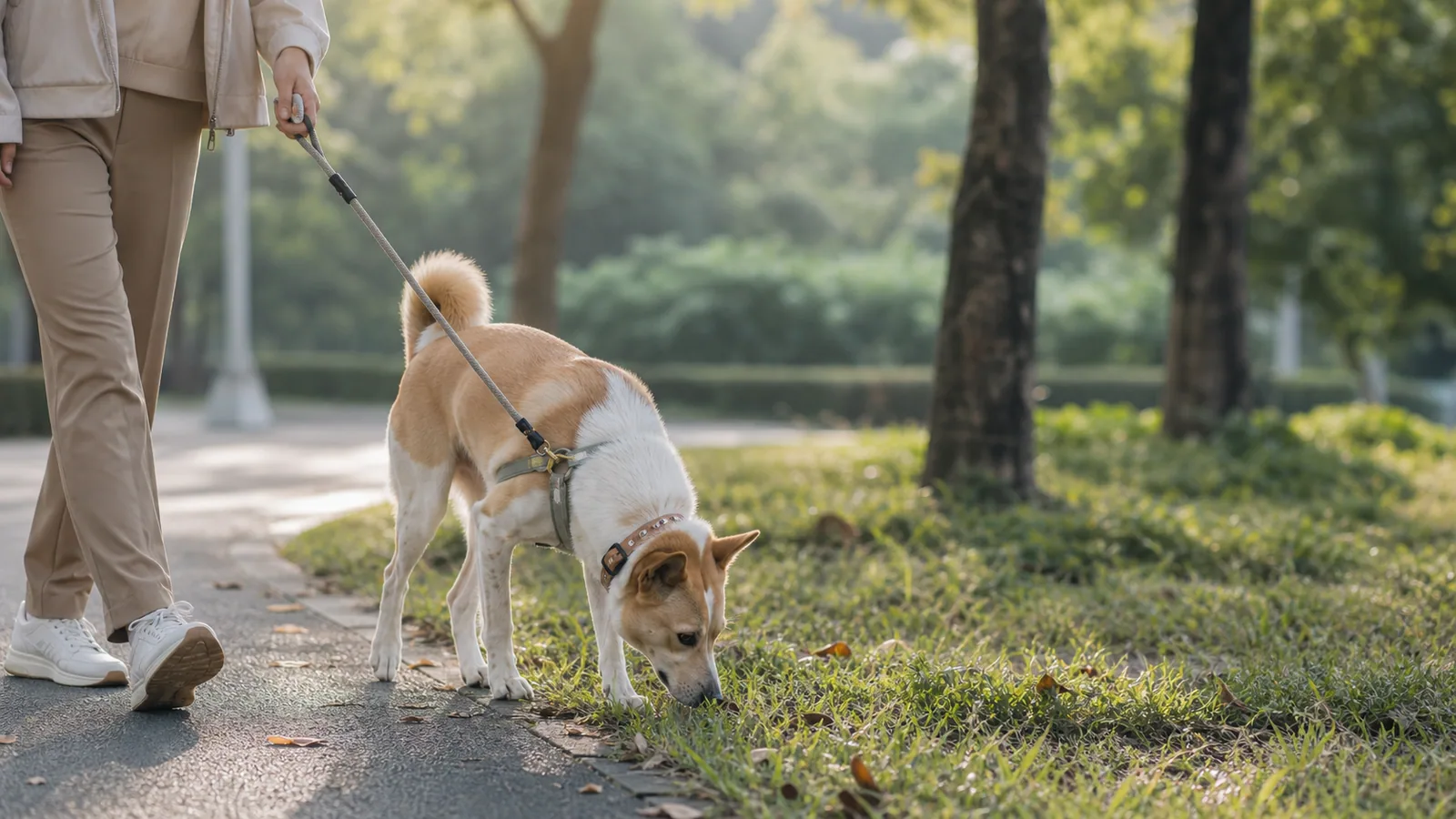 一隻黃白相間的狗在晨光公園裡用鼻子探索草地，飼主以放鬆的牽繩陪伴