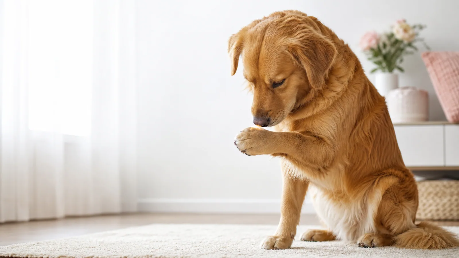 金色混種犬在明亮居家空間安靜看著自己的前腳掌