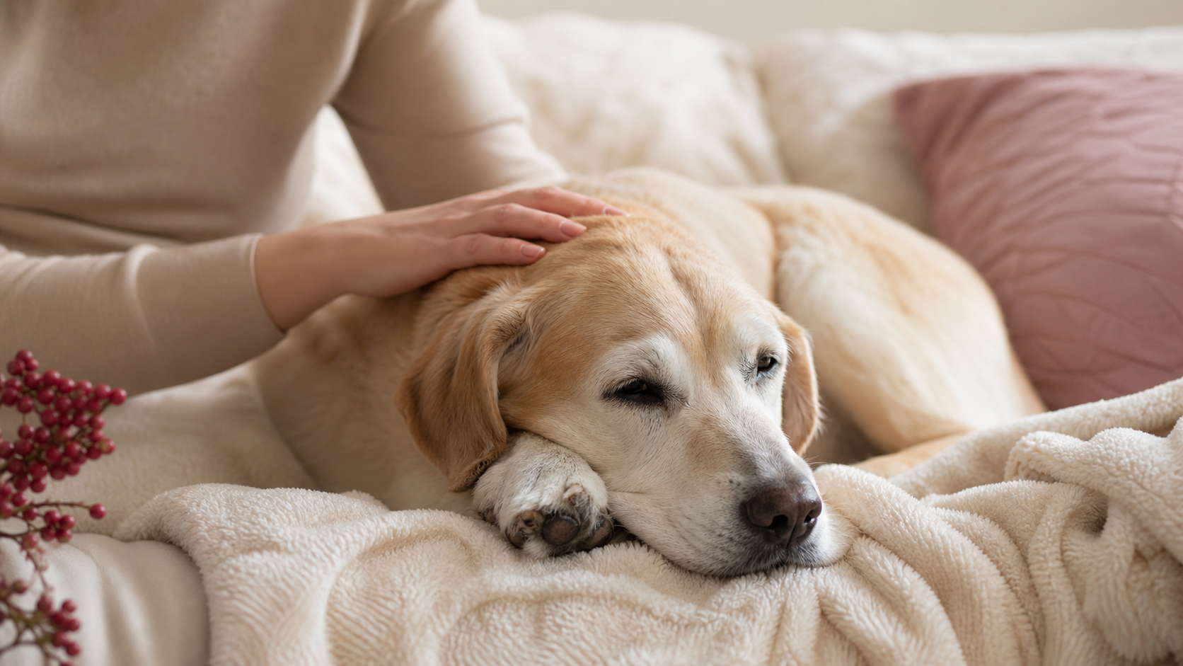 高齡犬在家中由飼主溫柔陪伴